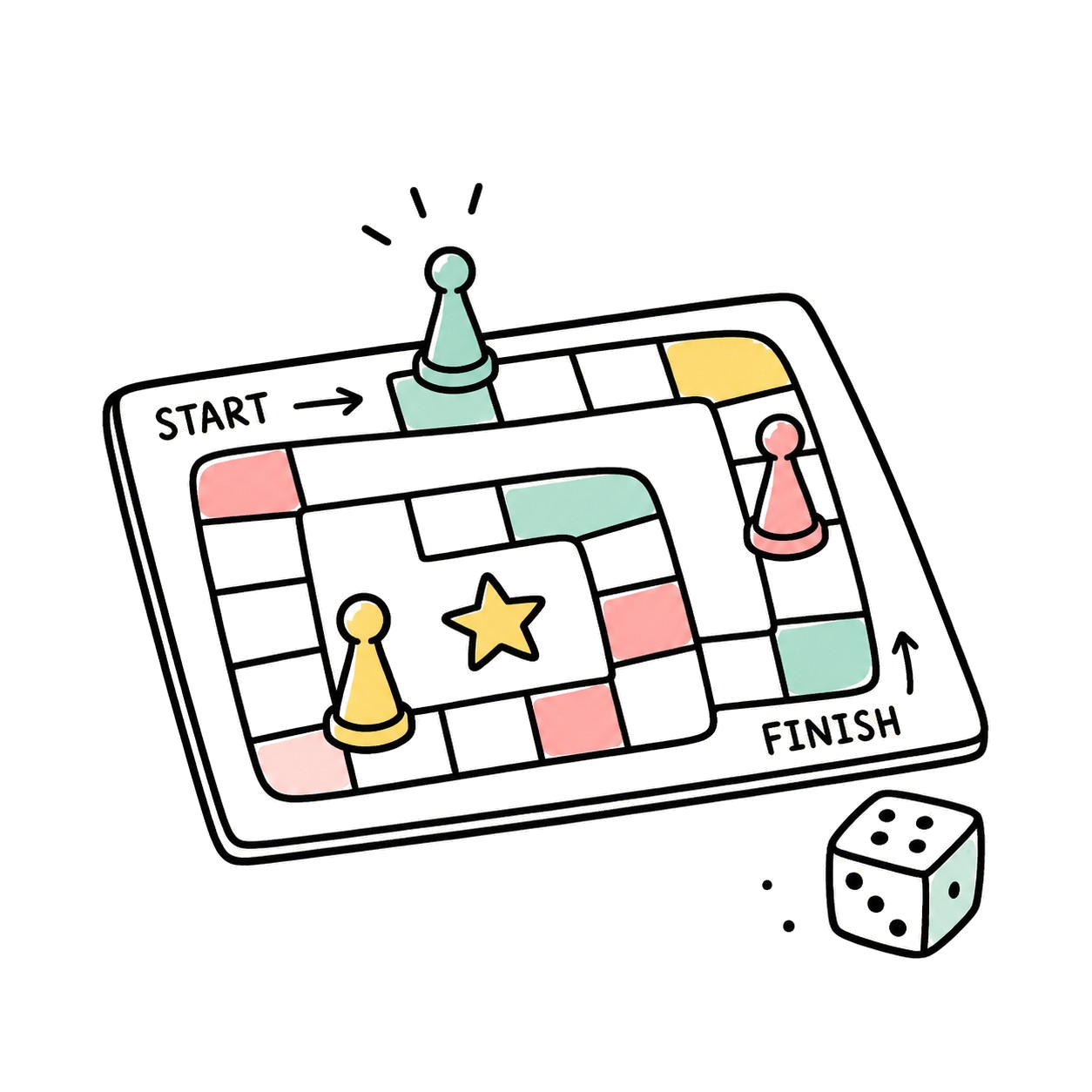 Doodle bordspel met pionnen en dobbelsteen