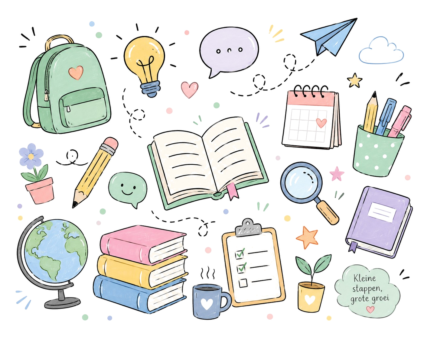 Doodle collage met schooltas, lampje, boeken en meer